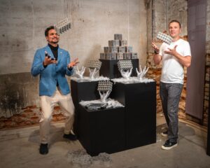 Ar. Abhimanyu Goel and Dr. Maxim Rybin arranging modular graphene concrete blocks for the Venice Biennale 2025 exhibition.
